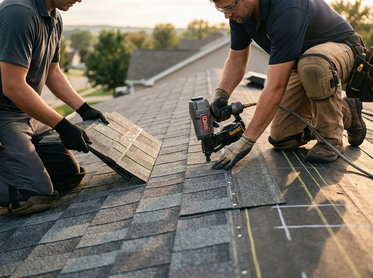 Professional roofer working on a residential roof in Raisin